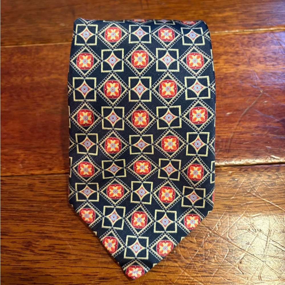 Brioni Silk Floral Geometric Tie Navy Blue Made In Italy